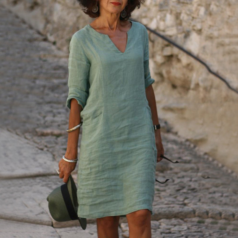 Women's Linen Shift Dress Casual V Neck Midi Dress Loose Fit 3/4 Sleeve Cotton Linen Summer Dress with Pockets - Seldom Seen Styles