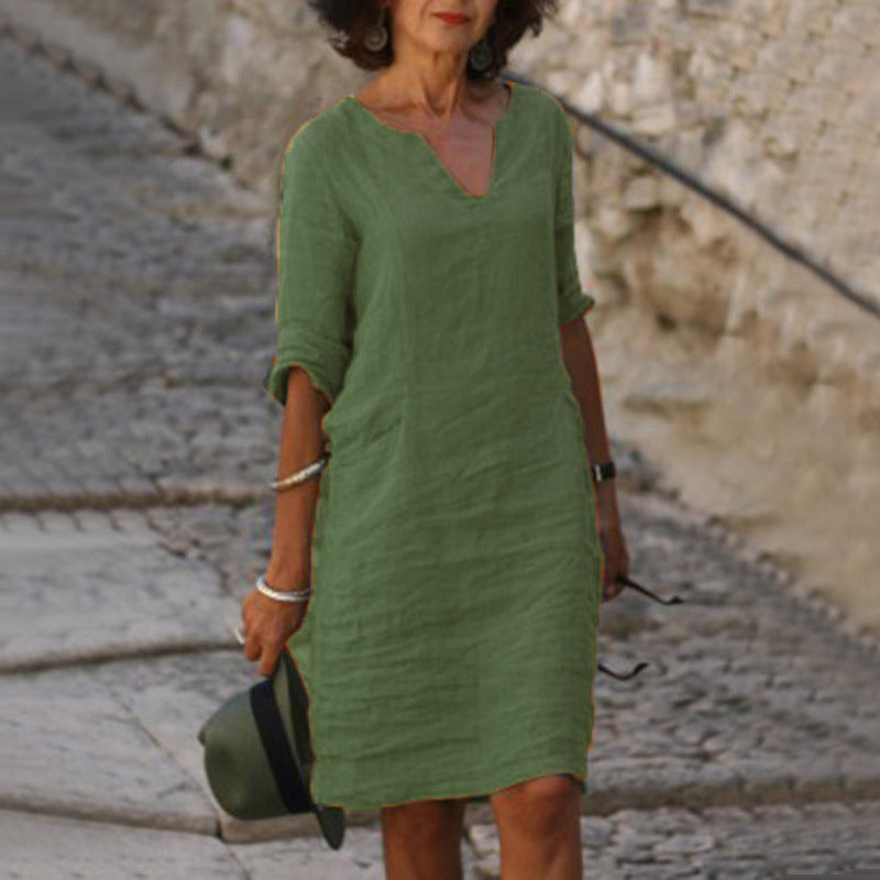 Women's Linen Shift Dress Casual V Neck Midi Dress Loose Fit 3/4 Sleeve Cotton Linen Summer Dress with Pockets - Seldom Seen Styles