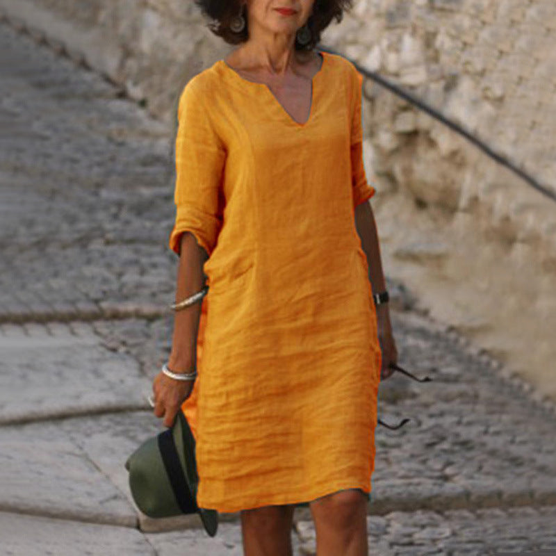 Women's Linen Shift Dress Casual V Neck Midi Dress Loose Fit 3/4 Sleeve Cotton Linen Summer Dress with Pockets - Seldom Seen Styles