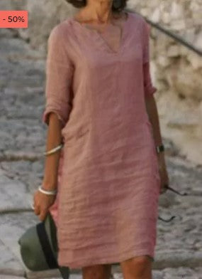 Women's Linen Shift Dress Casual V Neck Midi Dress Loose Fit 3/4 Sleeve Cotton Linen Summer Dress with Pockets - Seldom Seen Styles