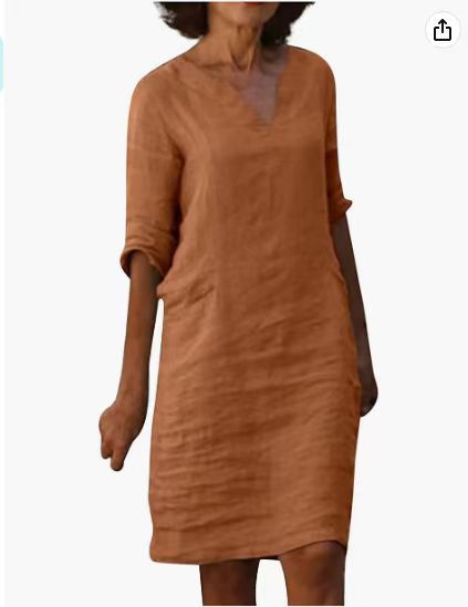 Women's Linen Shift Dress Casual V Neck Midi Dress Loose Fit 3/4 Sleeve Cotton Linen Summer Dress with Pockets - Seldom Seen Styles
