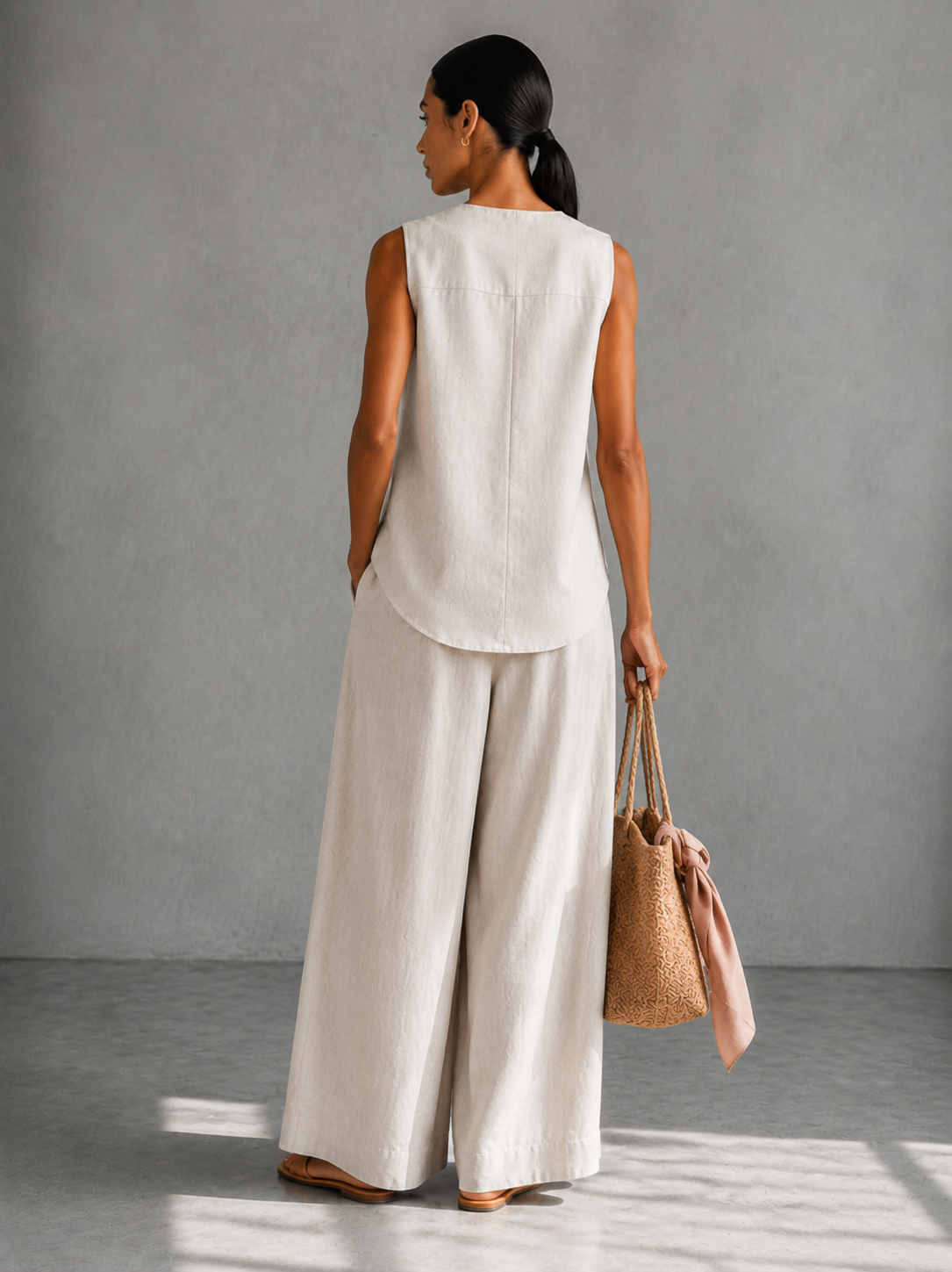 Women's Linen Sleeveless Tank Top Wide-Leg Pants Two-Piece Set Minimalist Summer Vacation Resort Outfit - Seldom Seen Styles
