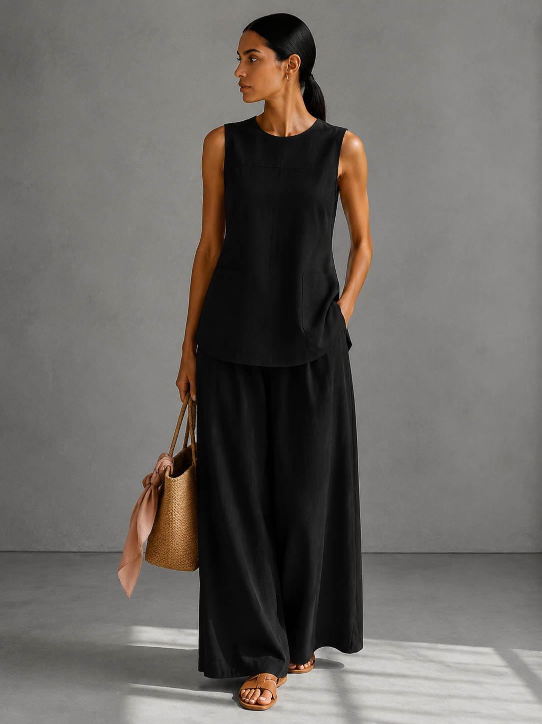 Women's Linen Sleeveless Tank Top Wide-Leg Pants Two-Piece Set Minimalist Summer Vacation Resort Outfit - Seldom Seen Styles