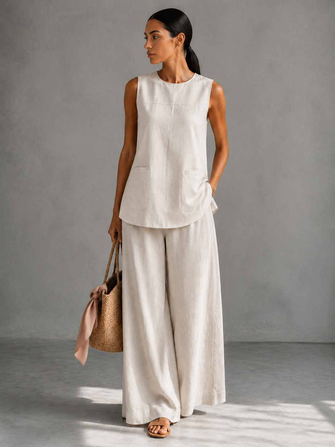 Women's Linen Sleeveless Tank Top Wide-Leg Pants Two-Piece Set Minimalist Summer Vacation Resort Outfit - Seldom Seen Styles