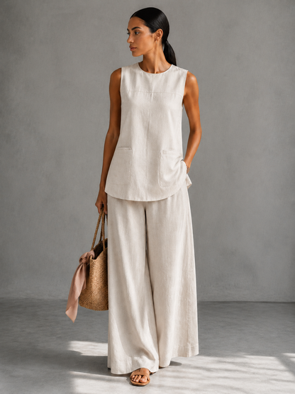 Women's Linen Sleeveless Tank Top Wide-Leg Pants Two-Piece Set Minimalist Summer Vacation Resort Outfit