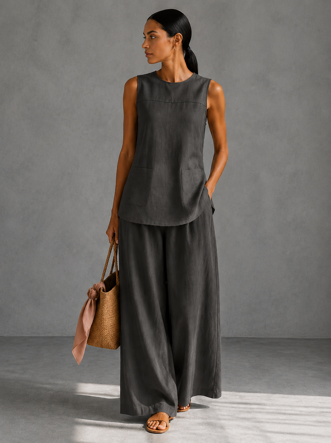 Women's Linen Sleeveless Tank Top Wide-Leg Pants Two-Piece Set Minimalist Summer Vacation Resort Outfit - Seldom Seen Styles