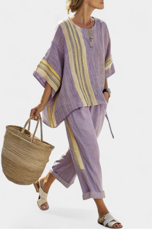 Women's Linen Striped 2 Piece Sets Summer Oversized Loose Half Sleeve Tops Tshirt and Wide Leg Pants Fashion Outfits - Seldom Seen Styles
