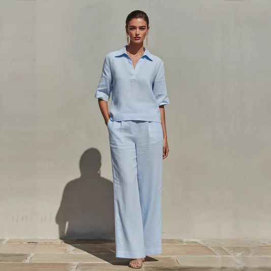 Women's Linen Two Piece Pants Set V Neck Blouse and Wide Leg Pants Casual Vacation Outfit - Seldom Seen Styles