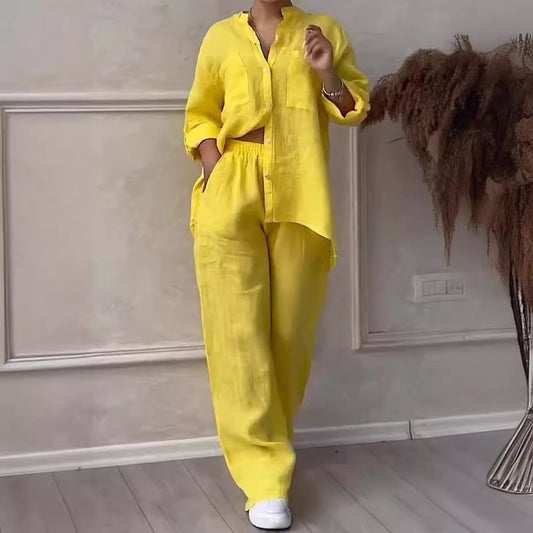 Women's Linen Two Piece Set Button Down Shirt and Wide Leg Pants Casual Matching Outfit Summer Vacation Co Ord Set - Seldom Seen Styles