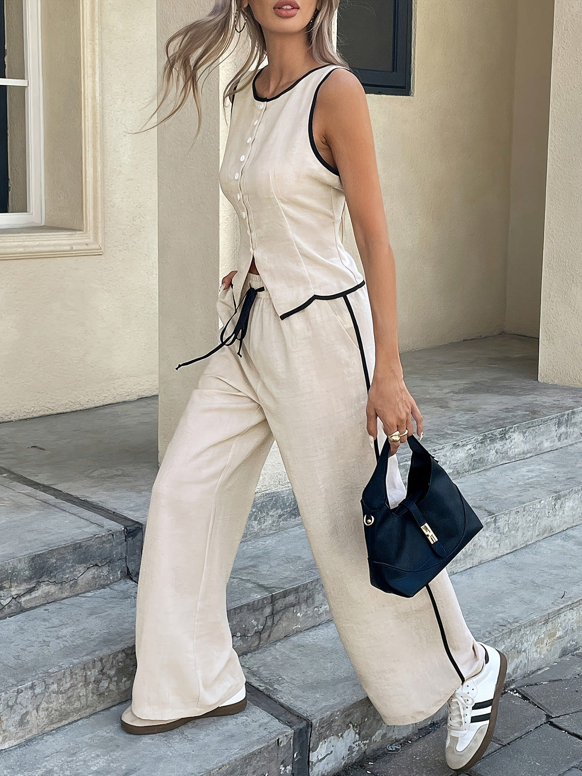 Women's Linen Two Piece Set Button Front Top Wide Leg Pants Contrast Piping Casual Summer Soiree Vacation Outfit - Seldom Seen Styles