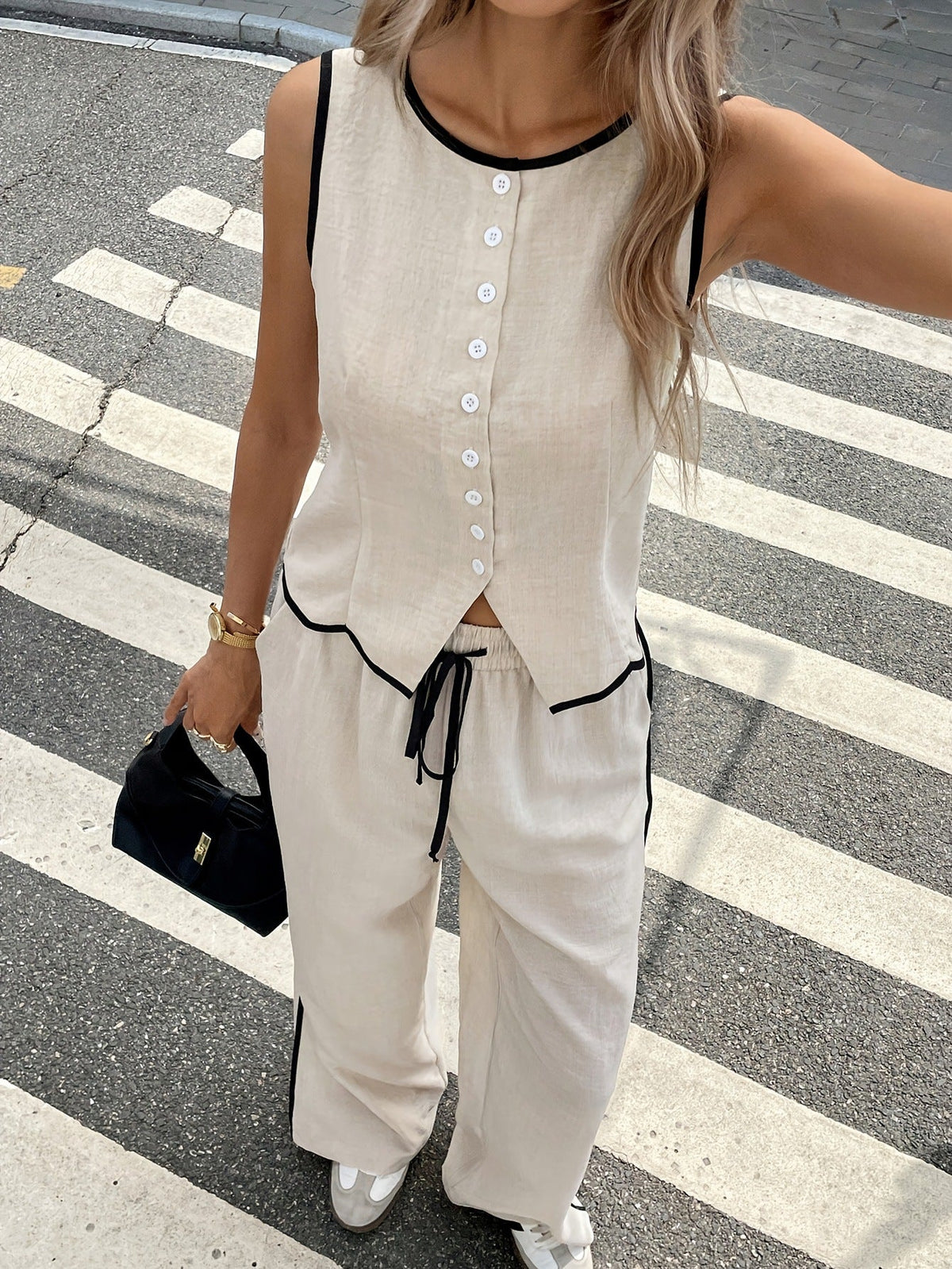 Women's Linen Two Piece Set Button Front Top Wide Leg Pants Contrast Piping Casual Summer Soiree Vacation Outfit - Seldom Seen Styles