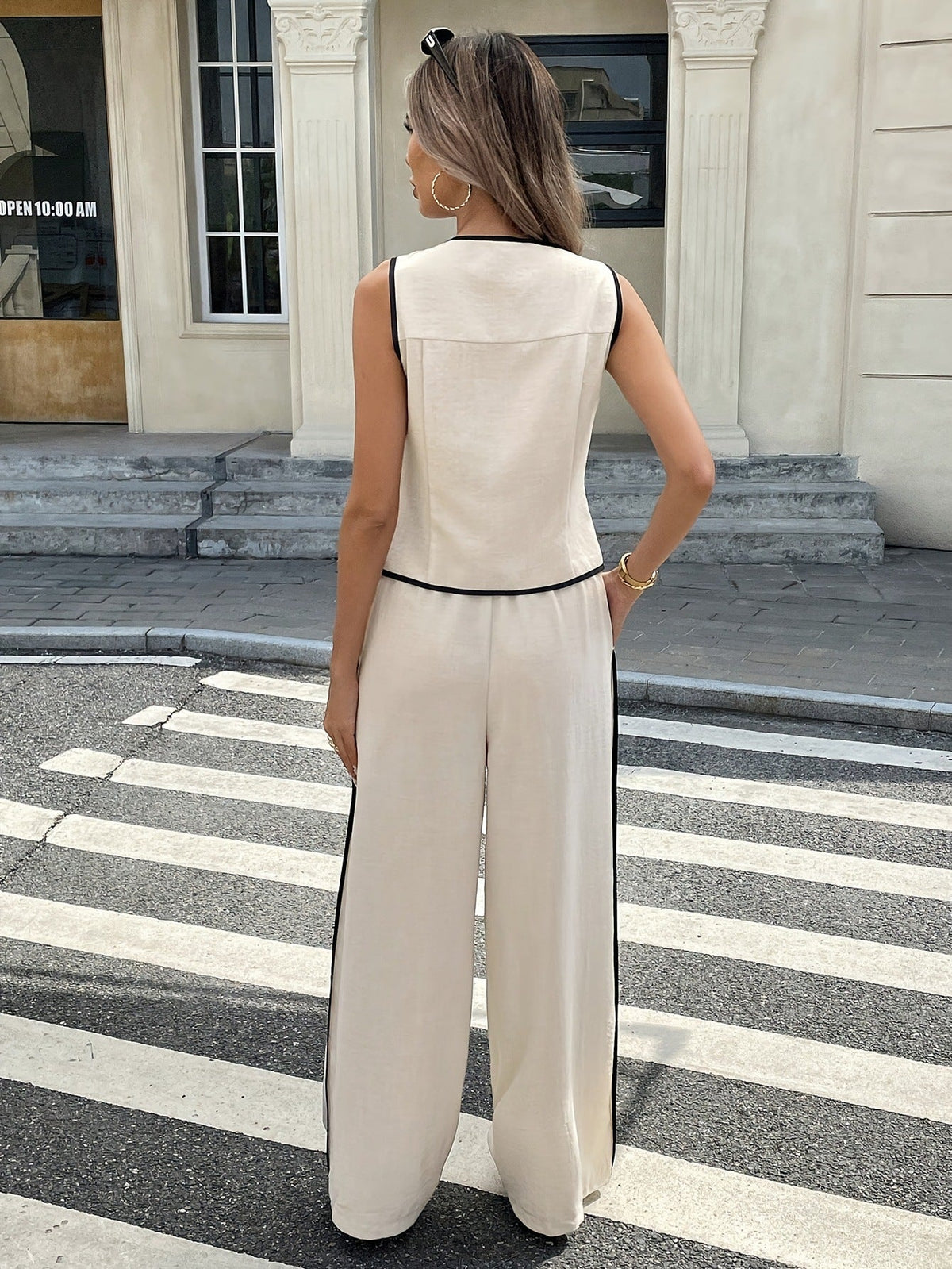 Women's Linen Two Piece Set Button Front Top Wide Leg Pants Contrast Piping Casual Summer Soiree Vacation Outfit - Seldom Seen Styles