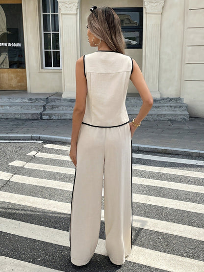 Women's Linen Two Piece Set Button Front Top Wide Leg Pants Contrast Piping Casual Summer Soiree Vacation Outfit