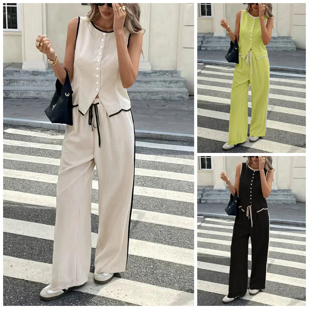 Women's Linen Two Piece Set Button Front Top Wide Leg Pants Contrast Piping Casual Summer Soiree Vacation Outfit - Seldom Seen Styles