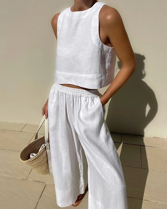 Women's Linen Two Piece Set Crop Top Wide Leg Pants Outfit - Seldom Seen Styles
