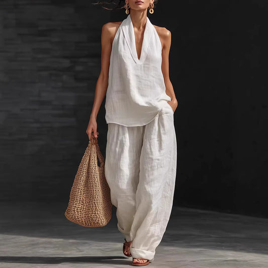 Women's Linen Two Piece Set Halter Neck Top Wide Leg Pants Matching Set Casual Vacation Resort Outfit - Seldom Seen Styles