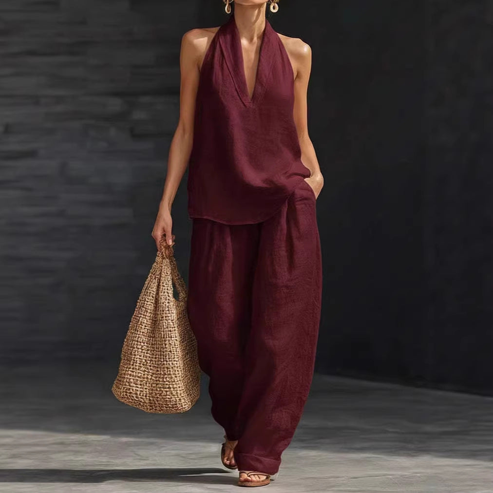 Women's Linen Two Piece Set Halter Neck Top Wide Leg Pants Matching Set Casual Vacation Resort Outfit - Seldom Seen Styles