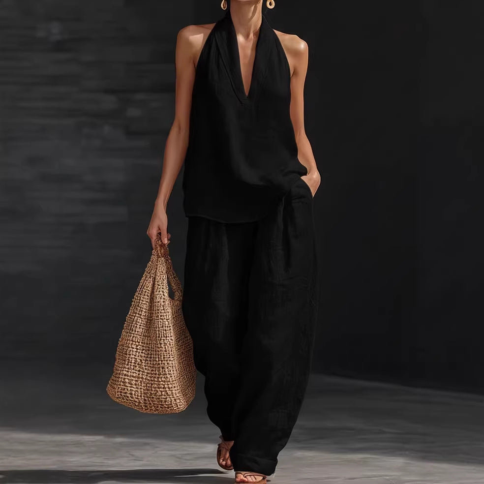 Women's Linen Two Piece Set Halter Neck Top Wide Leg Pants Matching Set Casual Vacation Resort Outfit - Seldom Seen Styles