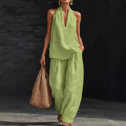 Women's Linen Two Piece Set Halter Neck Top Wide Leg Pants Matching Set Casual Vacation Resort Outfit