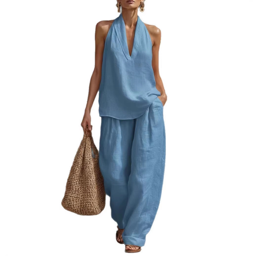 Women's Linen Two Piece Set Halter Neck Top Wide Leg Pants Matching Set Casual Vacation Resort Outfit - Seldom Seen Styles