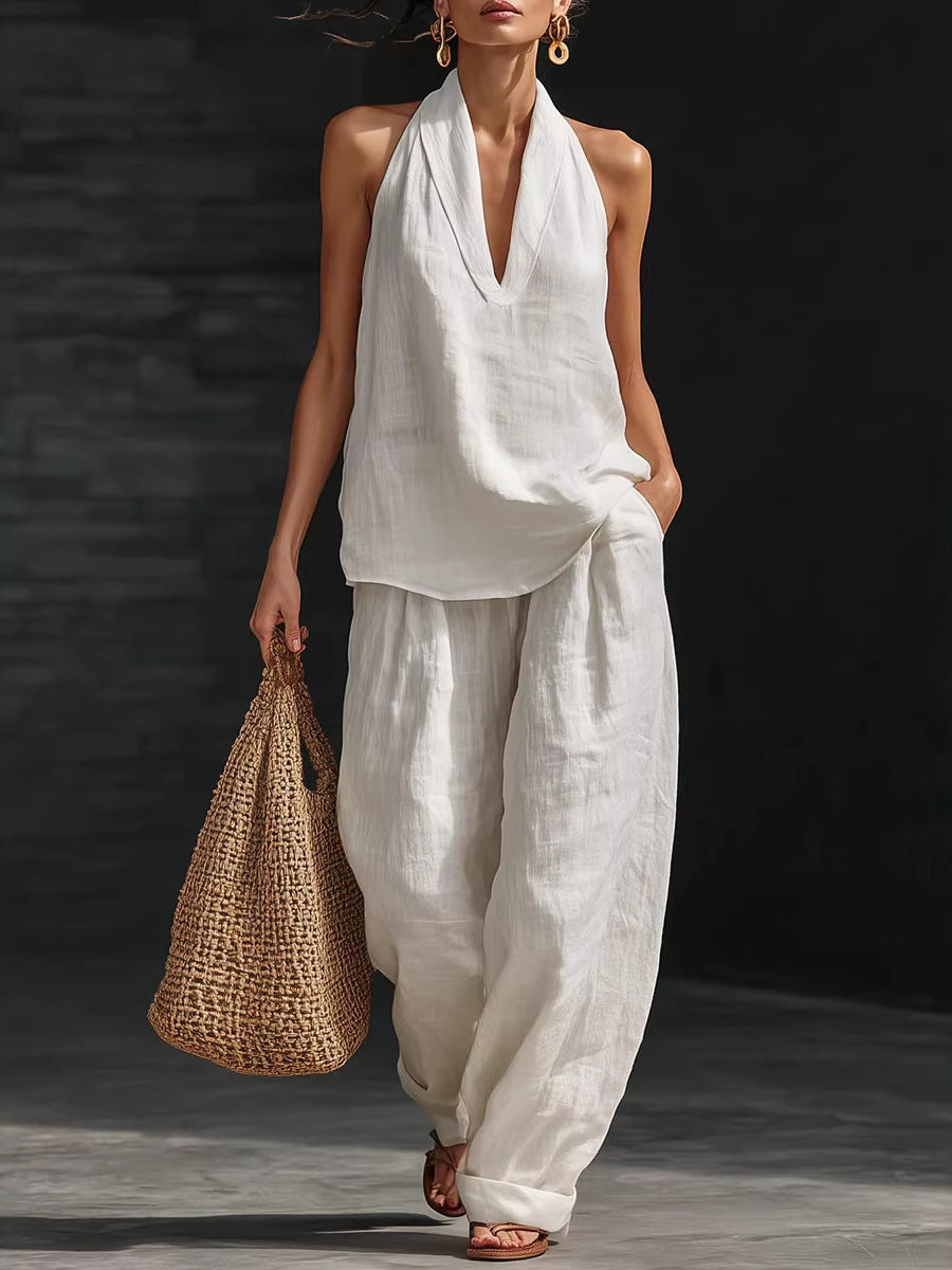 Women's Linen Two Piece Set Halter Neck Top Wide Leg Pants Matching Set Casual Vacation Resort Outfit - Seldom Seen Styles
