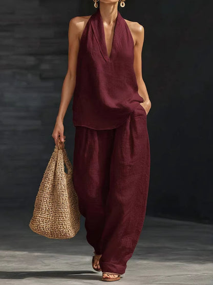 Women's Linen Two Piece Set Halter Neck Top Wide Leg Pants Matching Set Casual Vacation Resort Outfit