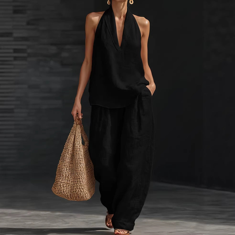 Women's Linen Two Piece Set Halter Neck Top Wide Leg Pants Matching Set Casual Vacation Resort Outfit - Seldom Seen Styles
