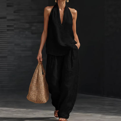 Women's Linen Two Piece Set Halter Neck Top Wide Leg Pants Matching Set Casual Vacation Resort Outfit