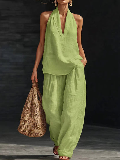 Women's Linen Two Piece Set Halter Neck Top Wide Leg Pants Matching Set Casual Vacation Resort Outfit