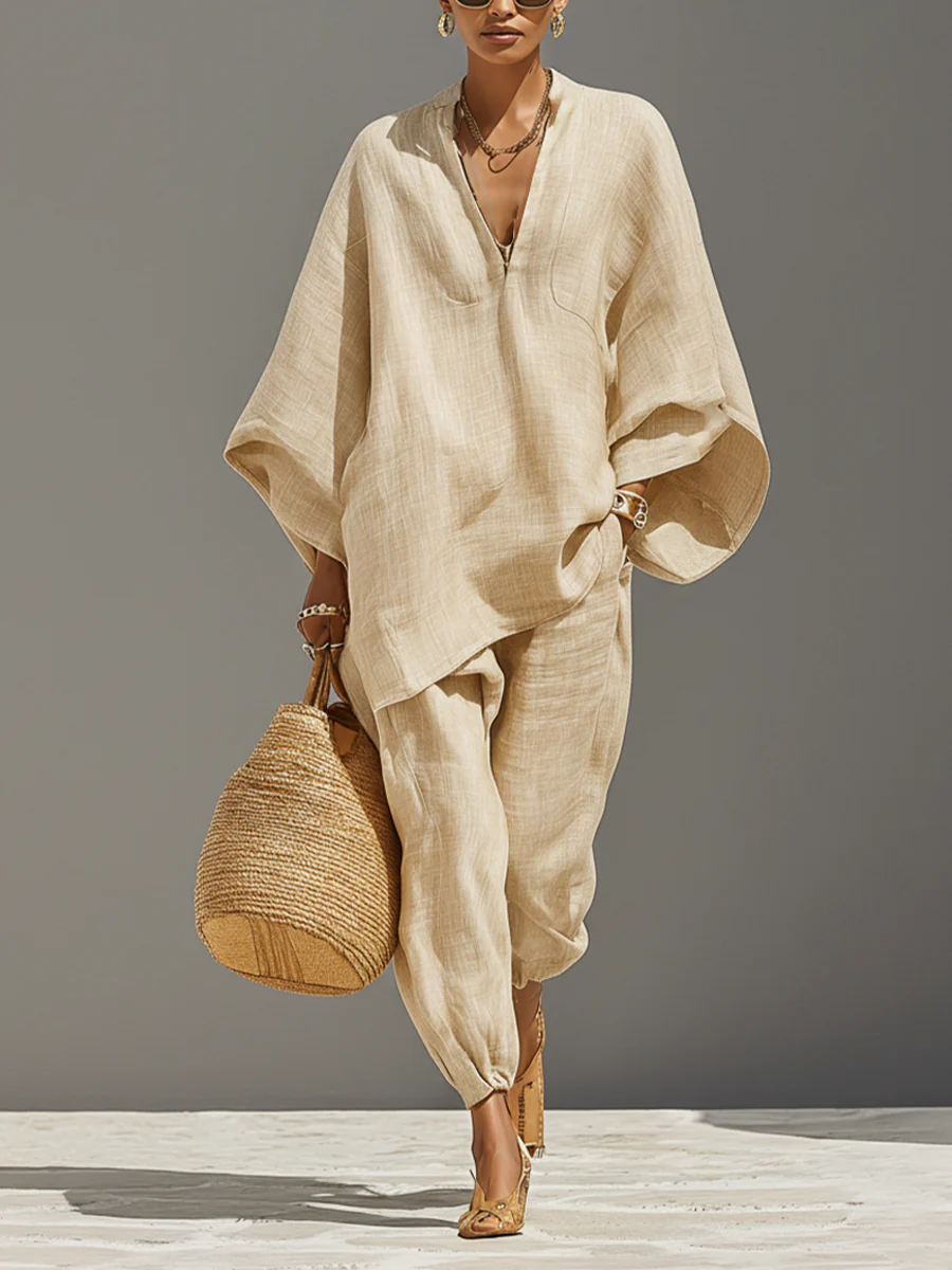 Women's Linen Two Piece Set Oversized V Neck Top and Relaxed Jogger Pants - Seldom Seen Styles