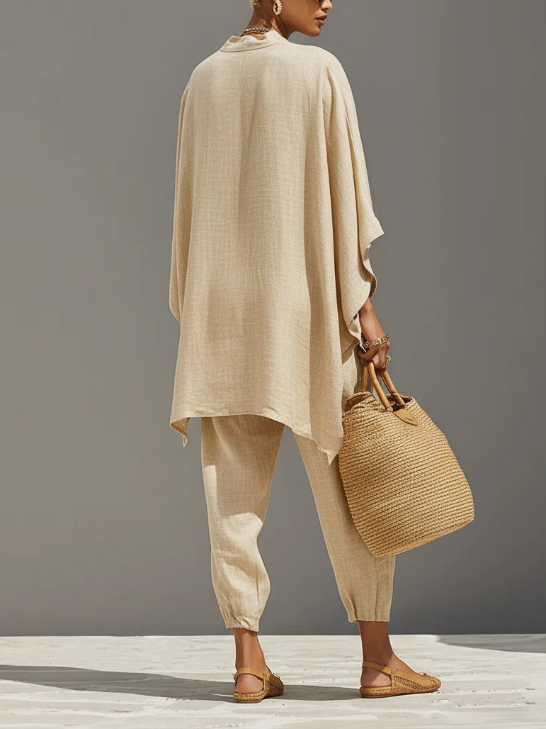 Women's Linen Two Piece Set Oversized V Neck Top and Relaxed Jogger Pants - Seldom Seen Styles