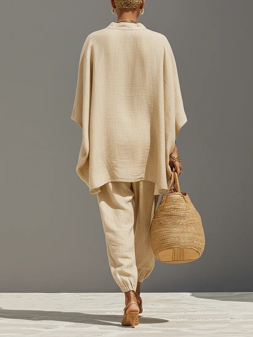 Women's Linen Two Piece Set Oversized V Neck Top and Relaxed Jogger Pants - Seldom Seen Styles