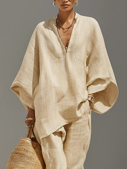 Women's Linen Two Piece Set Oversized V Neck Top and Relaxed Jogger Pants