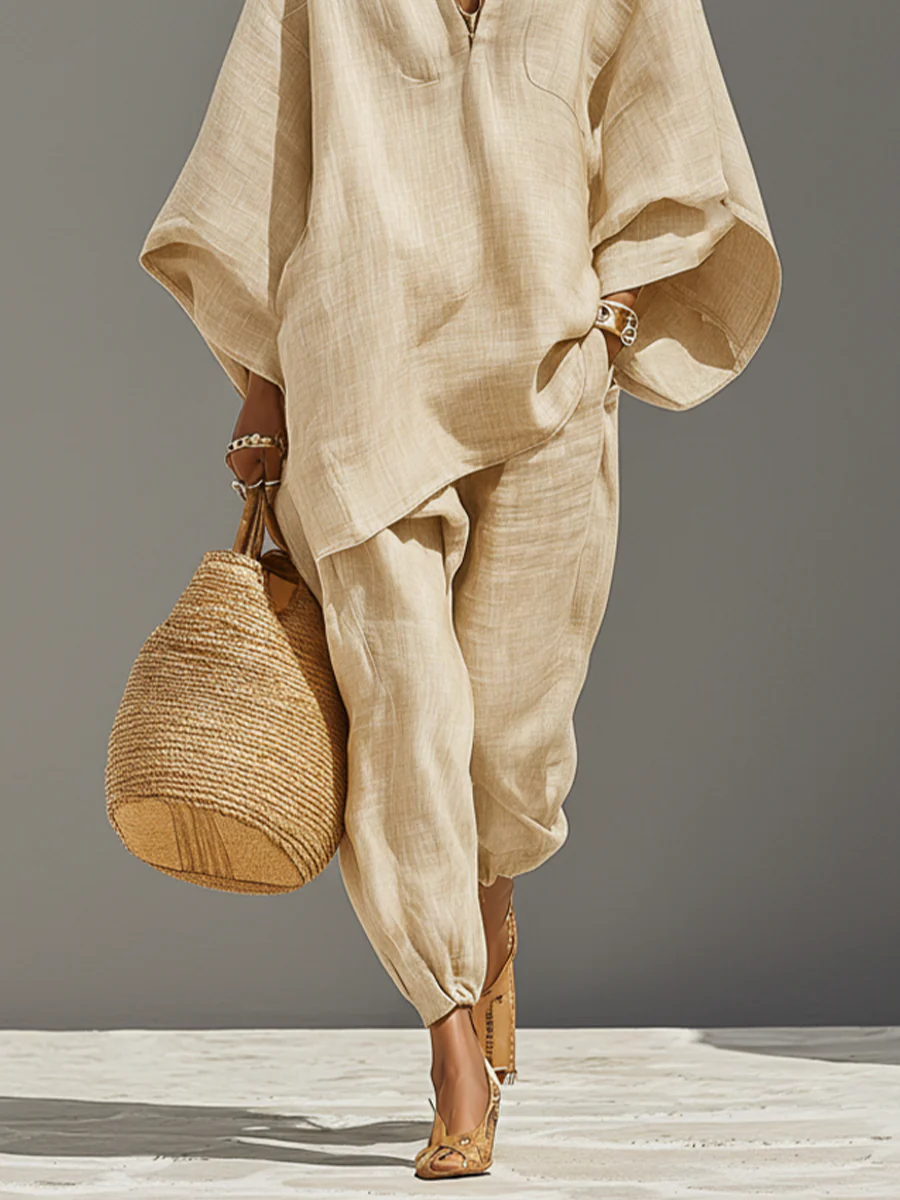Women's Linen Two Piece Set Oversized V Neck Top and Relaxed Jogger Pants - Seldom Seen Styles