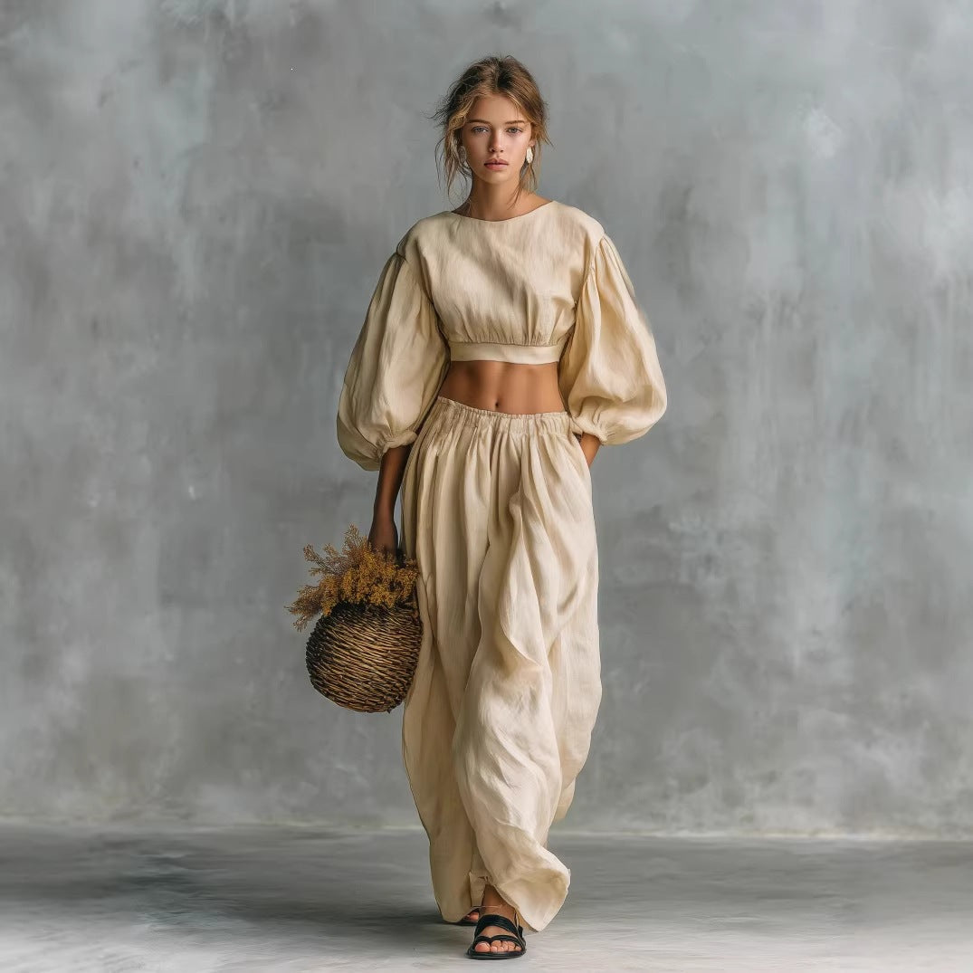 Women's Linen Two Piece Set Puff Sleeve Crop Top Wide Leg Pants Matching Set Casual Vacation Outfit - Seldom Seen Styles