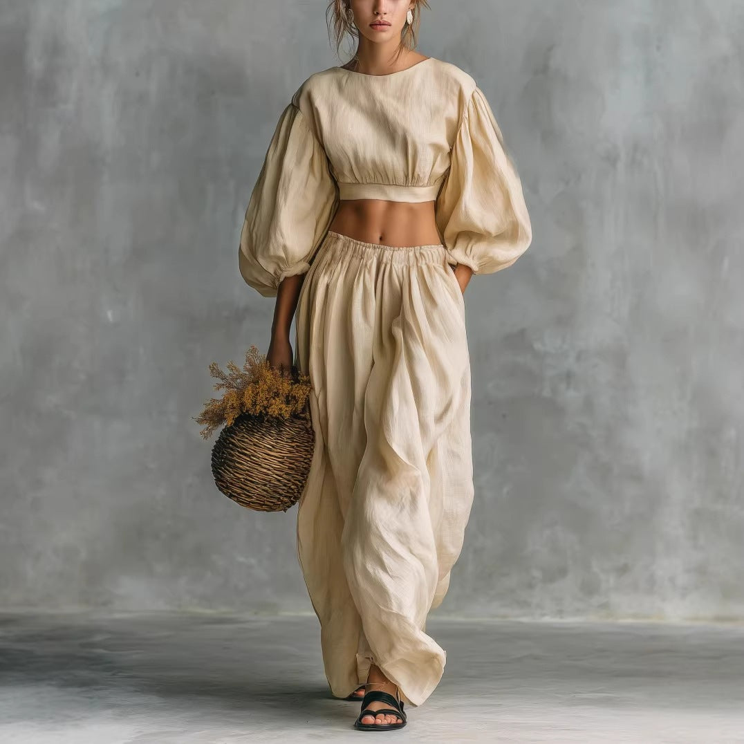 Women's Linen Two Piece Set Puff Sleeve Crop Top Wide Leg Pants Matching Set Casual Vacation Outfit - Seldom Seen Styles