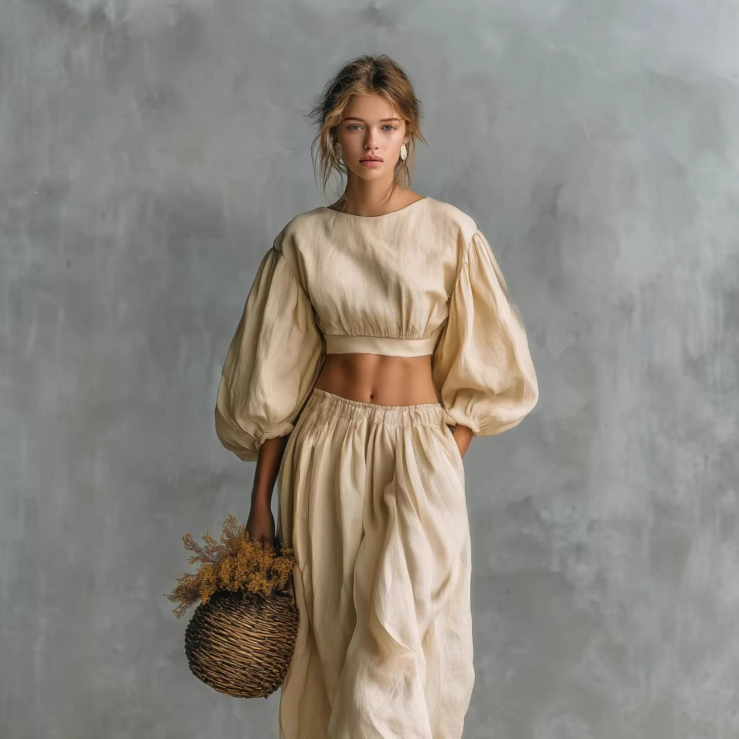 Women's Linen Two Piece Set Puff Sleeve Crop Top Wide Leg Pants Matching Set Casual Vacation Outfit - Seldom Seen Styles