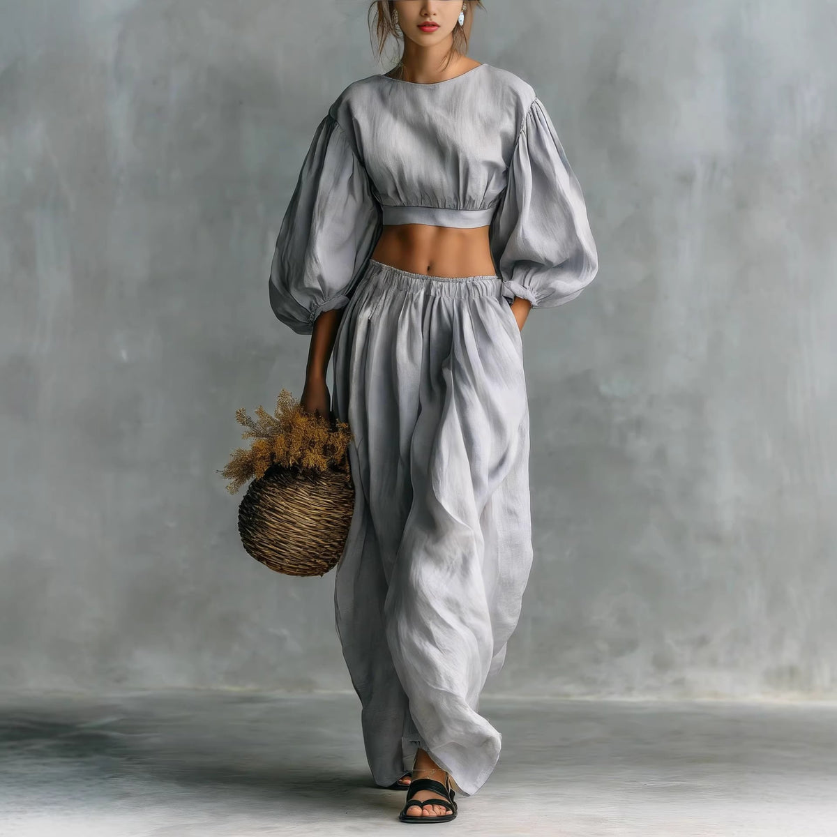 Women's Linen Two Piece Set Puff Sleeve Crop Top Wide Leg Pants Matching Set Casual Vacation Outfit - Seldom Seen Styles