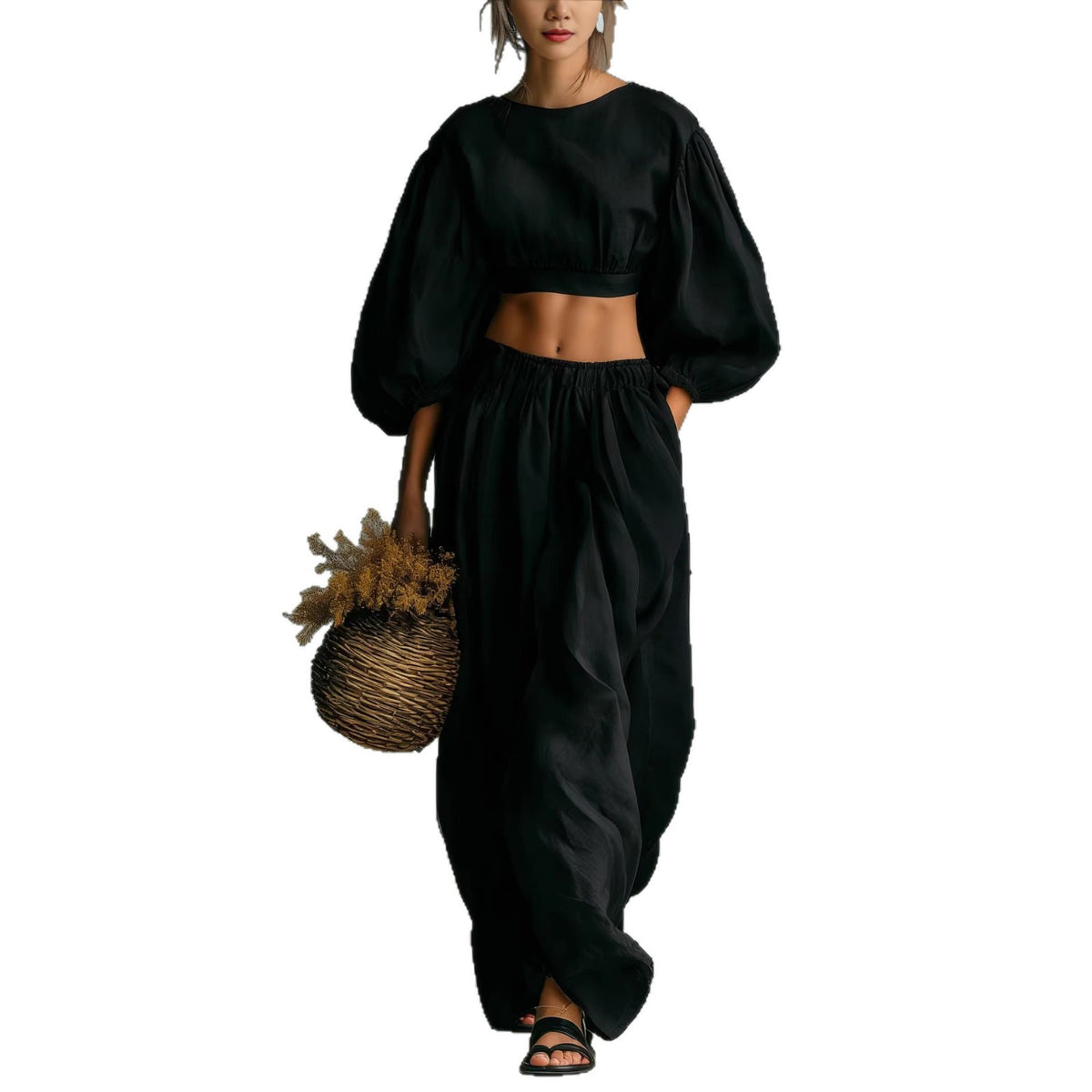 Women's Linen Two Piece Set Puff Sleeve Crop Top Wide Leg Pants Matching Set Casual Vacation Outfit - Seldom Seen Styles