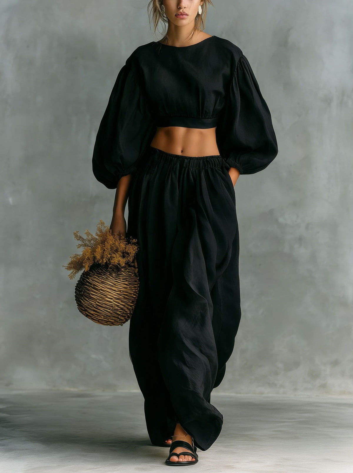 Women's Linen Two Piece Set Puff Sleeve Crop Top Wide Leg Pants Matching Set Casual Vacation Outfit - Seldom Seen Styles