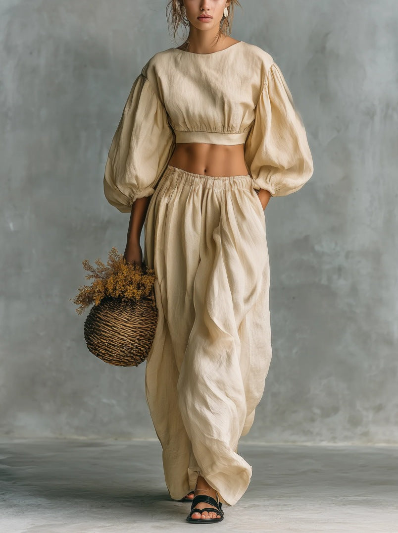 Women's Linen Two Piece Set Puff Sleeve Crop Top Wide Leg Pants Matching Set Casual Vacation Outfit - Seldom Seen Styles