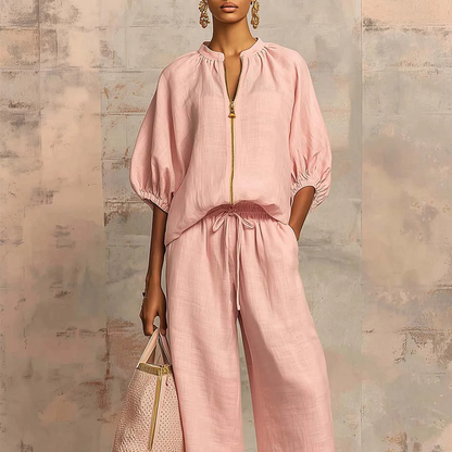 Women's Linen Two Piece Set Puff Sleeve Top and Wide Leg Pants Casual Loose Fit Outfit
