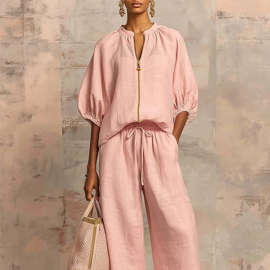 Women's Linen Two Piece Set Puff Sleeve Top and Wide Leg Pants Casual Loose Fit Outfit - Seldom Seen Styles