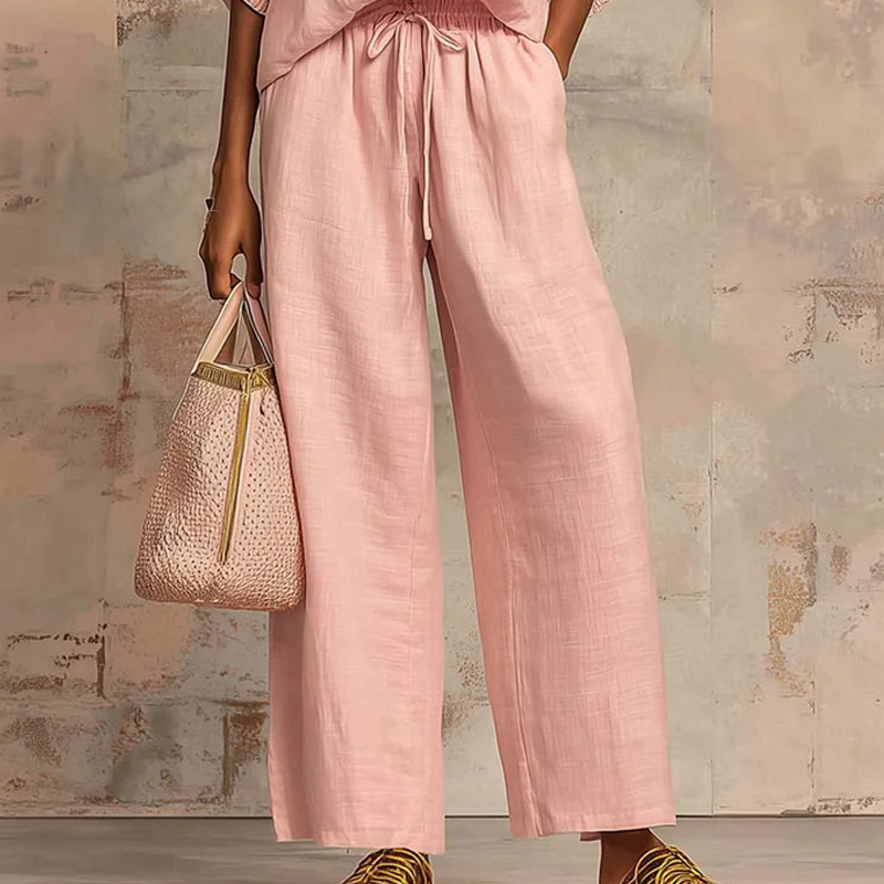 Women's Linen Two Piece Set Puff Sleeve Top and Wide Leg Pants Casual Loose Fit Outfit - Seldom Seen Styles