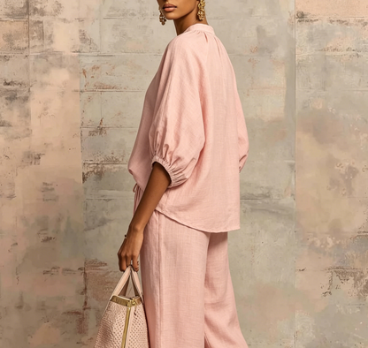 Women's Linen Two Piece Set Puff Sleeve Top and Wide Leg Pants Casual Loose Fit Outfit