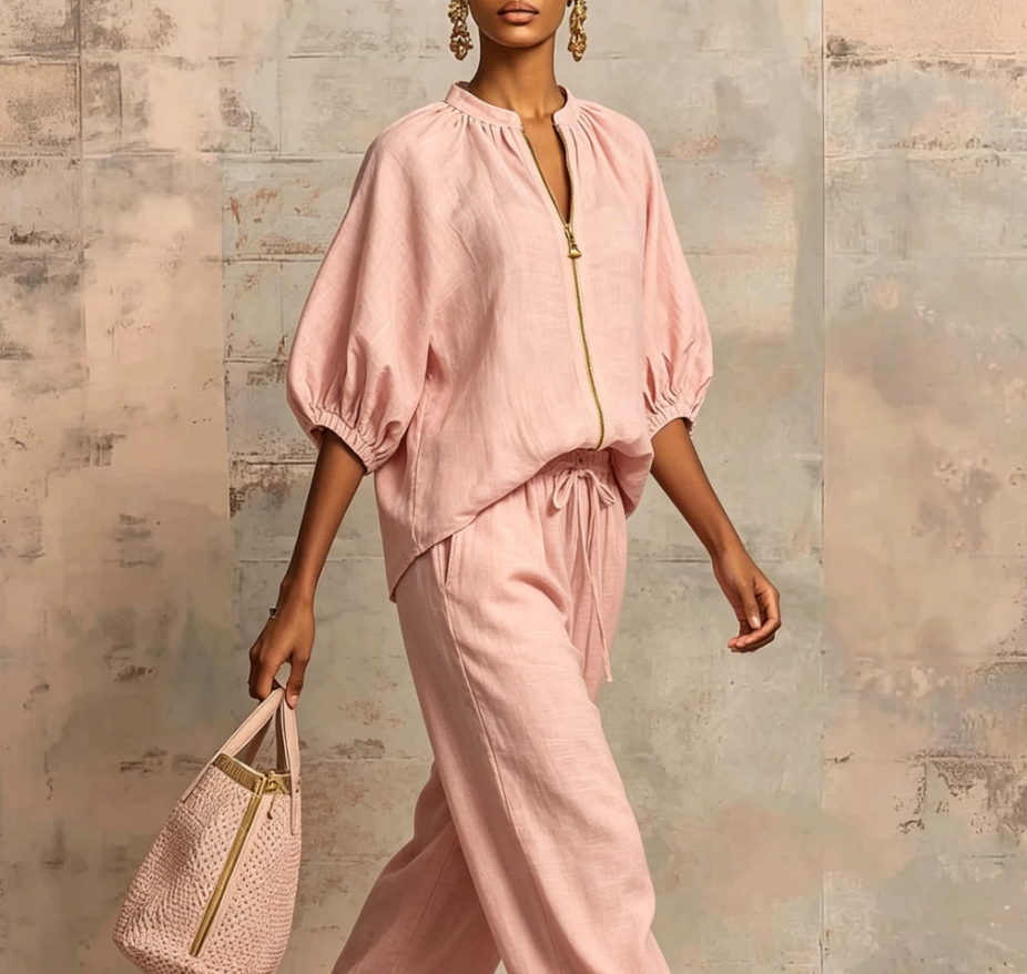 Women's Linen Two Piece Set Puff Sleeve Top and Wide Leg Pants Casual Loose Fit Outfit - Seldom Seen Styles