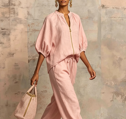 Women's Linen Two Piece Set Puff Sleeve Top and Wide Leg Pants Casual Loose Fit Outfit