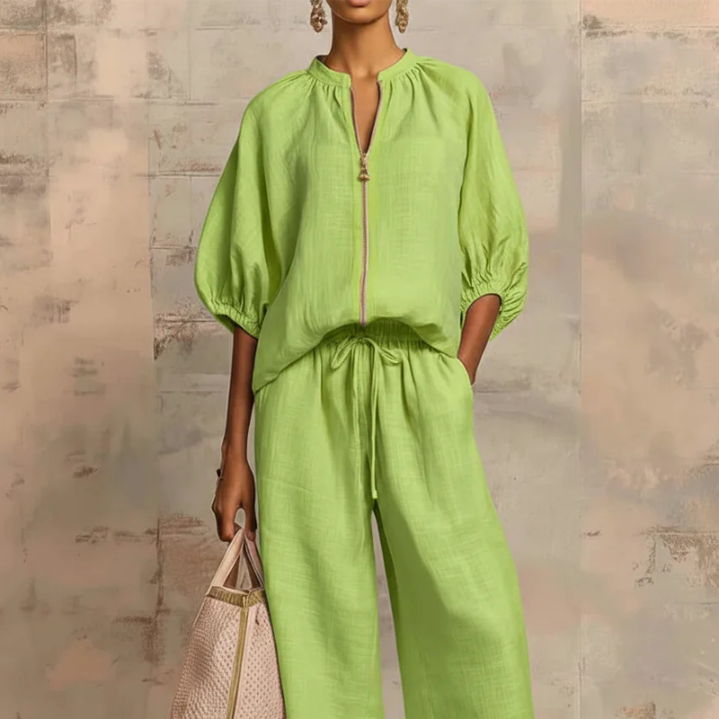 Women's Linen Two Piece Set Puff Sleeve Top and Wide Leg Pants Casual Loose Fit Outfit - Seldom Seen Styles