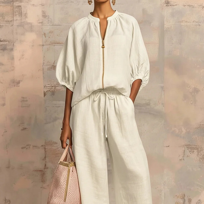 Women's Linen Two Piece Set Puff Sleeve Top and Wide Leg Pants Casual Loose Fit Outfit