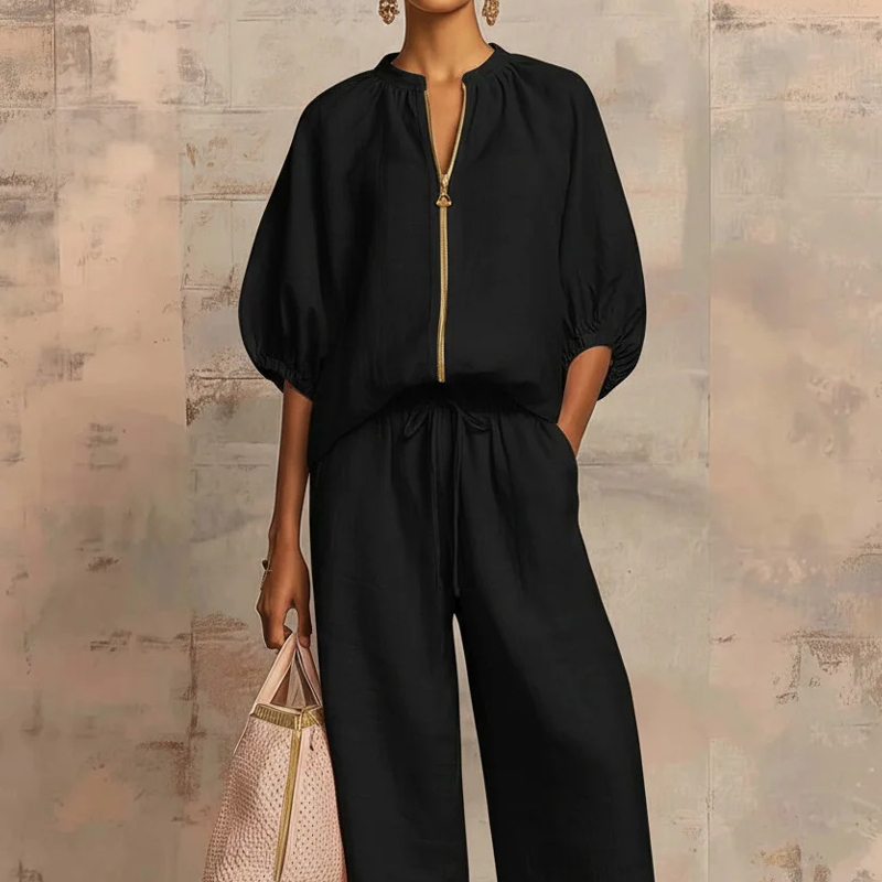 Women's Linen Two Piece Set Puff Sleeve Top and Wide Leg Pants Casual Loose Fit Outfit - Seldom Seen Styles